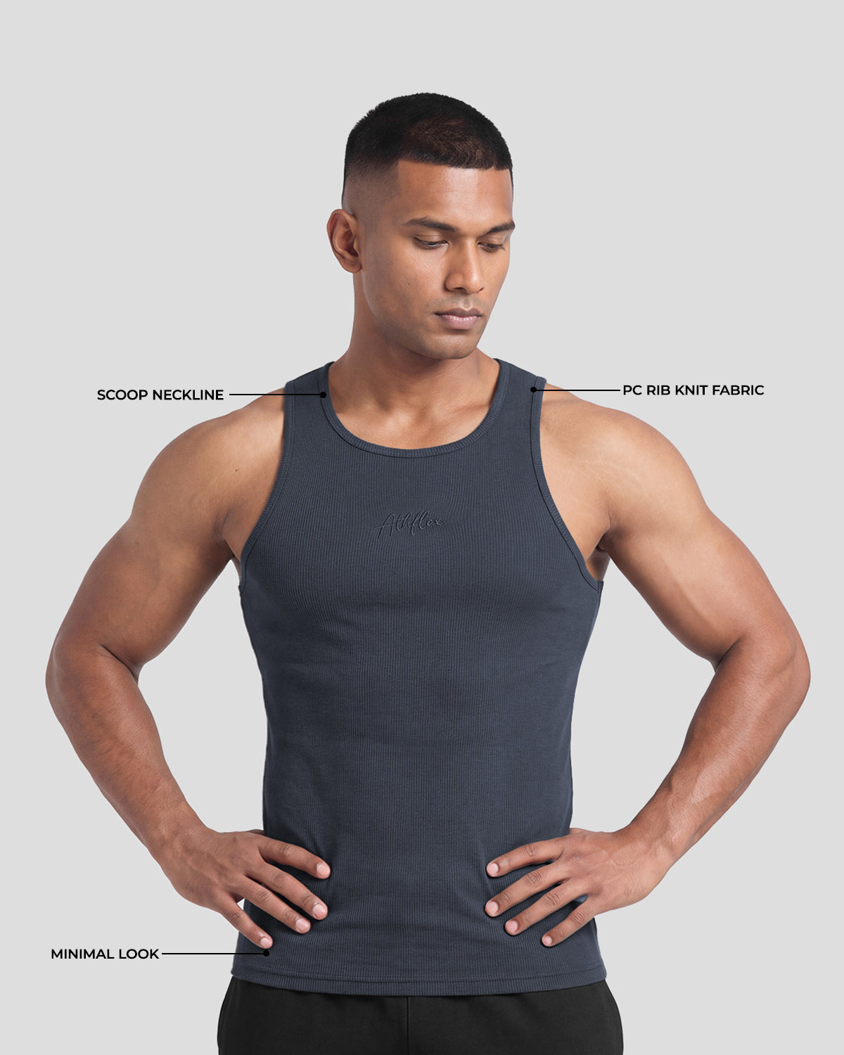 Dark grey Athflex Signature Ribbed Tank, product gallery image 4 of 7.